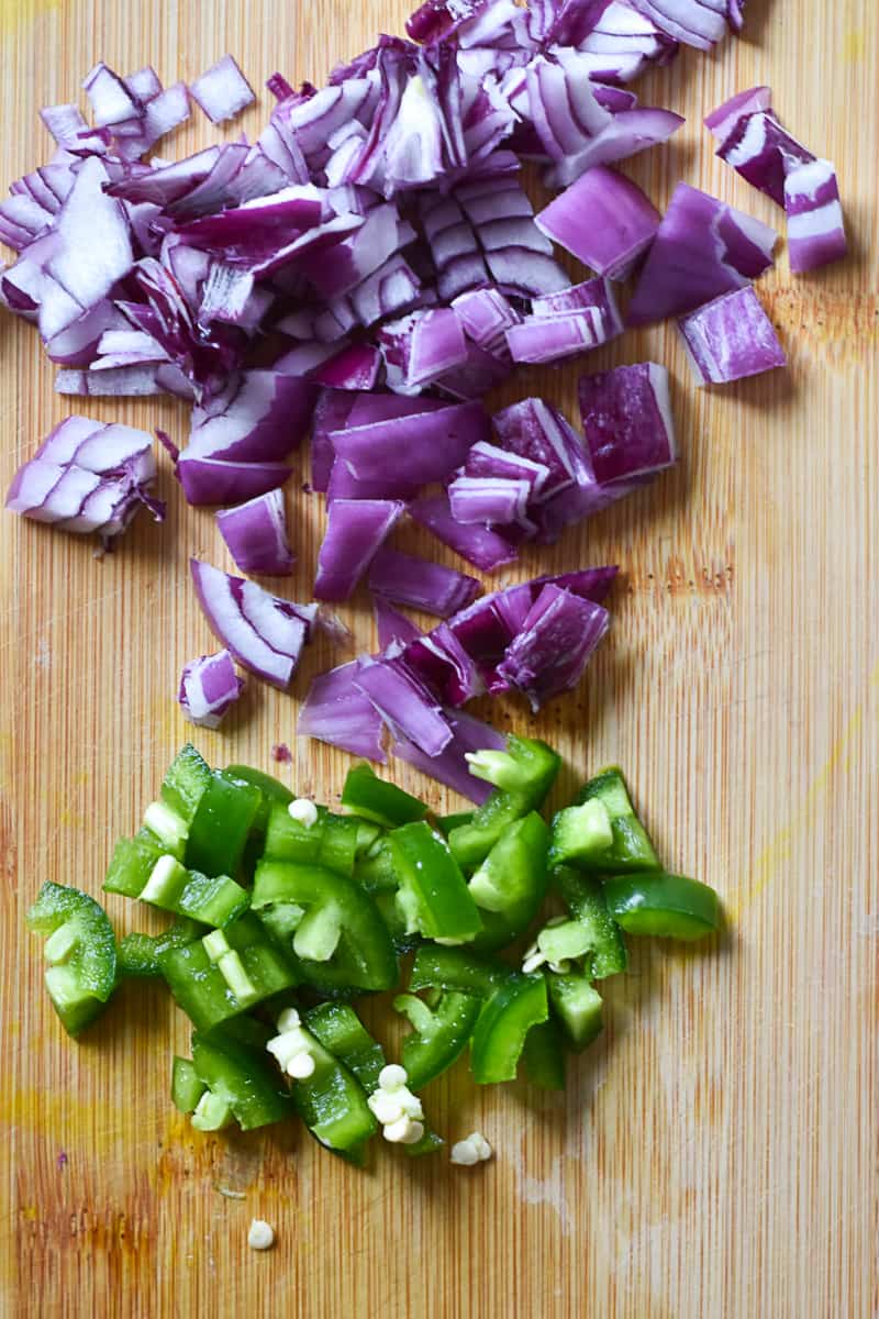 chop everything i.e. red onion, jalapeno, tomaotes, and cilantro for chickpea salad.
